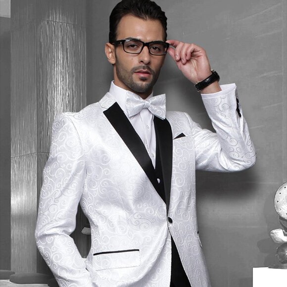 Mens Vested Swirl Patter Notch Lapel Tuxedo in White - Picture 1 of 2